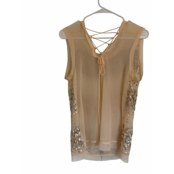 All Saints Women's Medium Beige Round Neck Top Restrain Beaded Hand Embellished - Picture 11 of 13